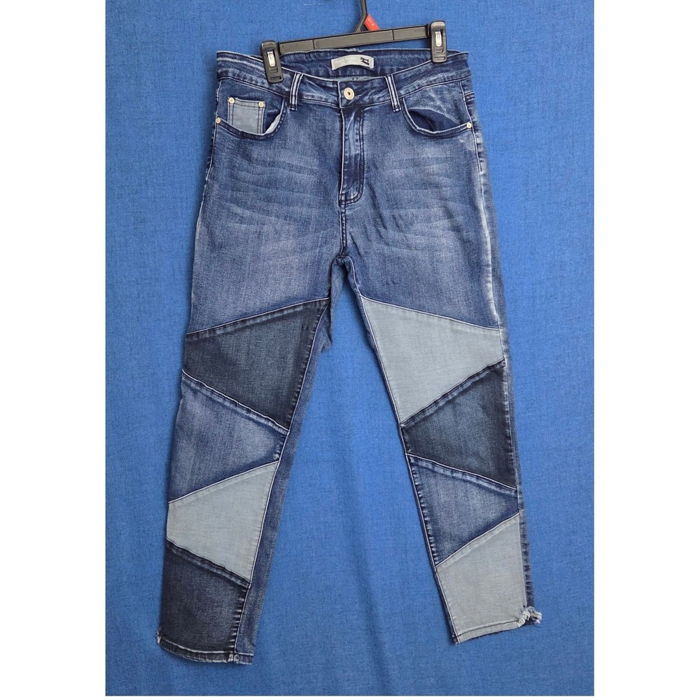 Blue Topic Y2K Geometric Patchwork Panel High Rise Denim Jeans 15/16 Stretch